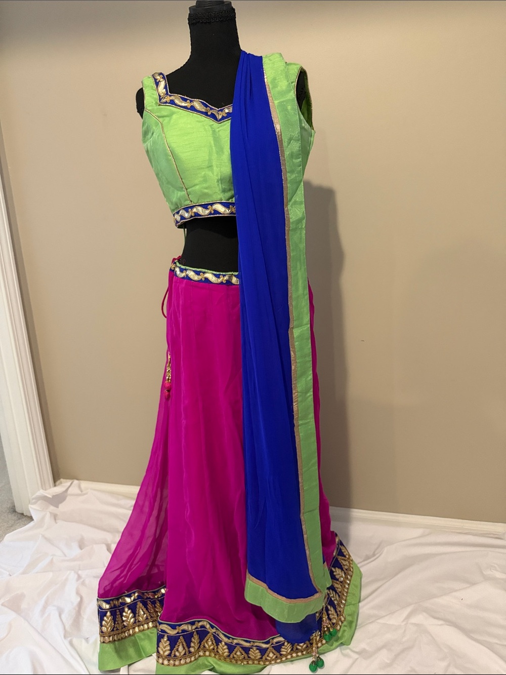 Bright Pink & Lime Green Georgette Lehenga Skirt with Royal Blue Dupatta